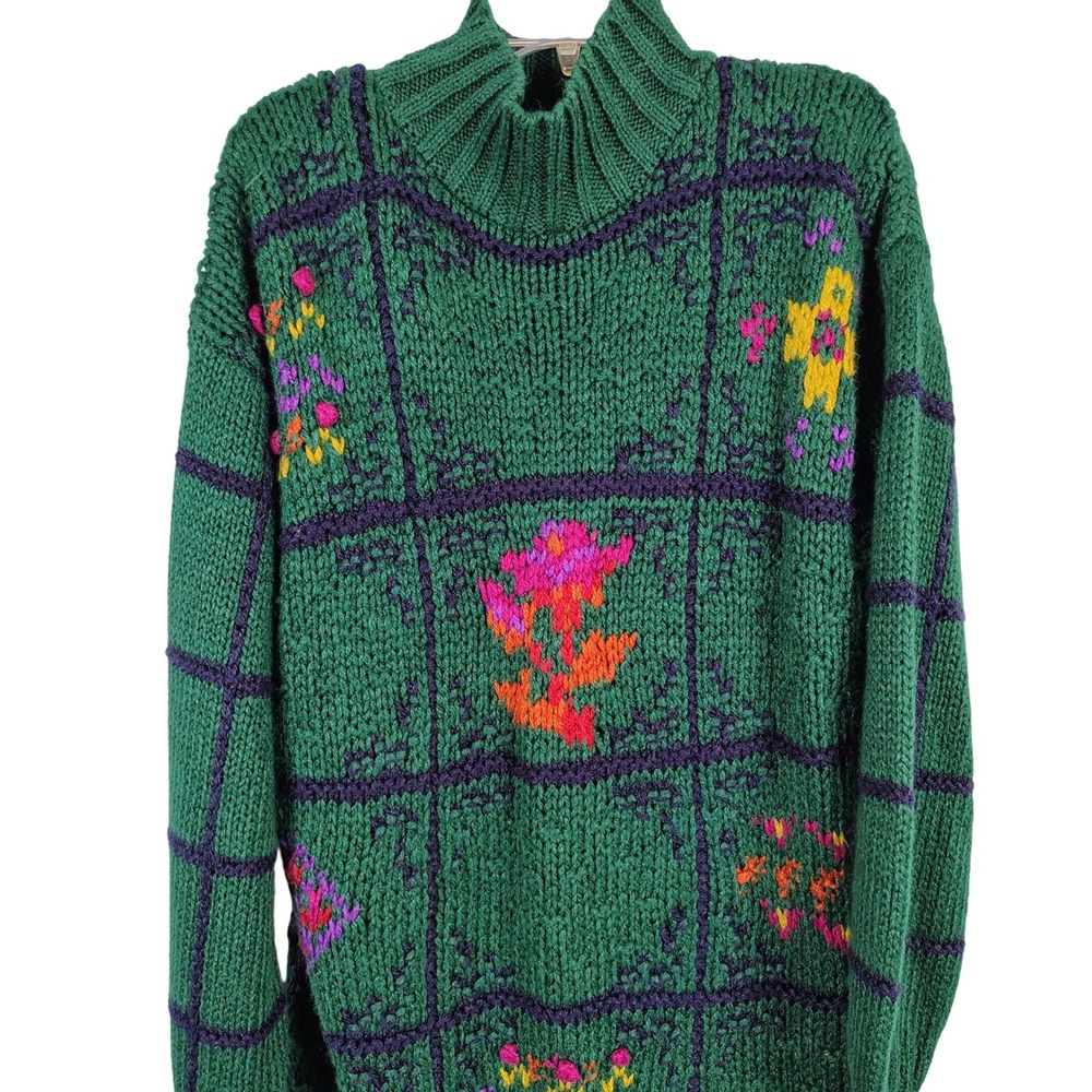 IVY Womens L Hand Knit Floral Sweater Green Ramie Blend Cottagecore Grandma Core